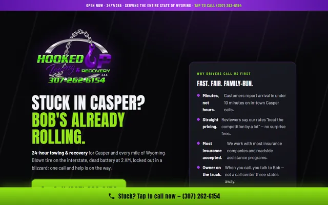 Homepage of Hooked Up Towing, hookeduptowing307.com